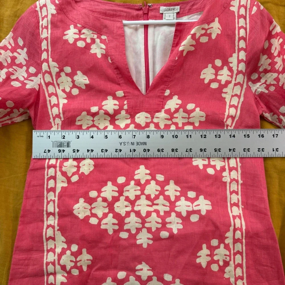 J.Crew‎ Pink Linen Block Print Split Neck Shift Dress 3/4 Sleeve Womens Size 2